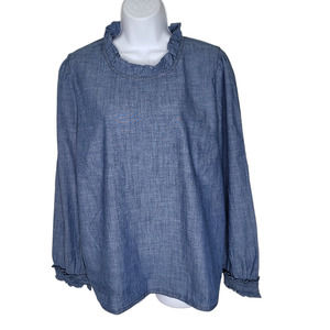 J Crew Top Women XXL Chambray Denim Ruffle Neck Long Sleeves